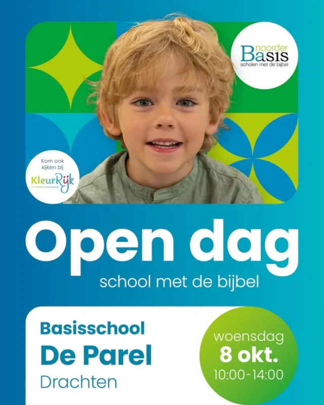 📅Op 8 oktober organiseren we een open dag! Van 10.00-14.00 uur staat onze deur open zodat je een kijkje kunt nemen in onze school☕Om 10 uur staat de koffie en limonade klaar🧩Voor kinderen is wat leuks te doen👀Bekijk samen met je zoon of dochter de schoo👼Opzoek naar kinderopvang of BSO? Ook dan van harte welkom bij @ckokleurrijk❓Stel je vragen aan één van de leerkrachten🤝We ontvangen je graag!#NoorderBasis #scholenmetdebijbel #opendag #DeParel #Drachten